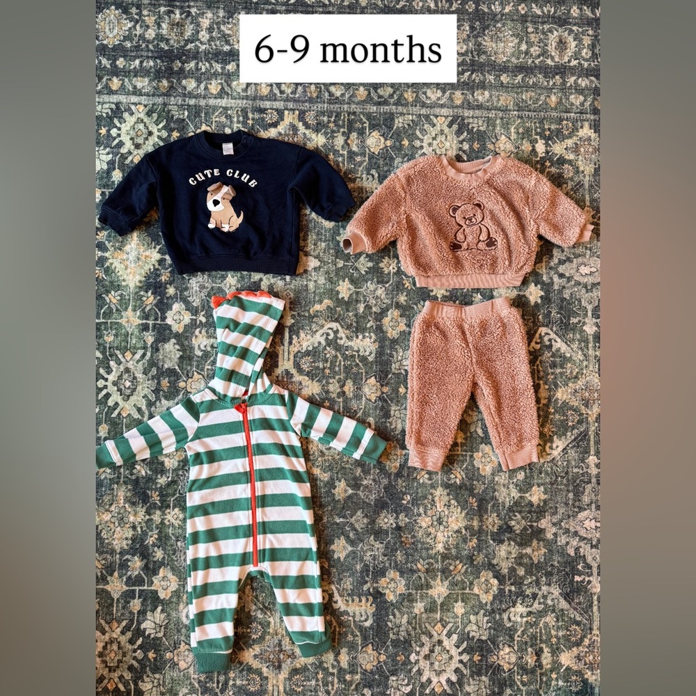 6-9M | Cozy Bundle | Teddy Fleece Set + Cute Club Sweatshirt + Hooded Romper